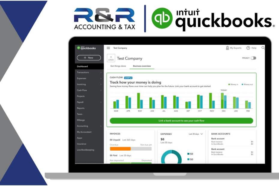 R&R Accounting & Tax with Quickbooks open on a laptop