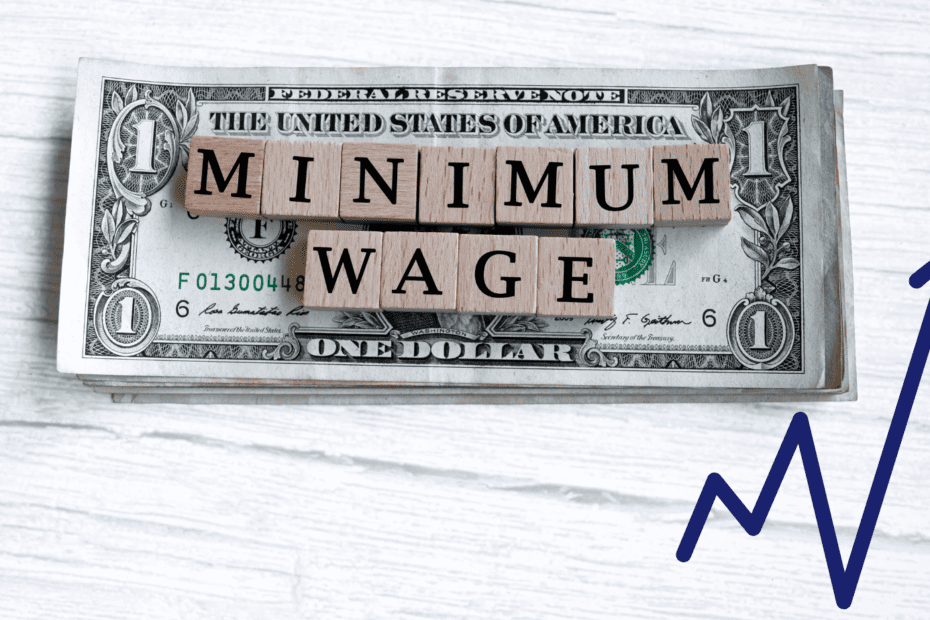 Minimum wage spelt out in alphabet blocks on a stack of dollar bills.